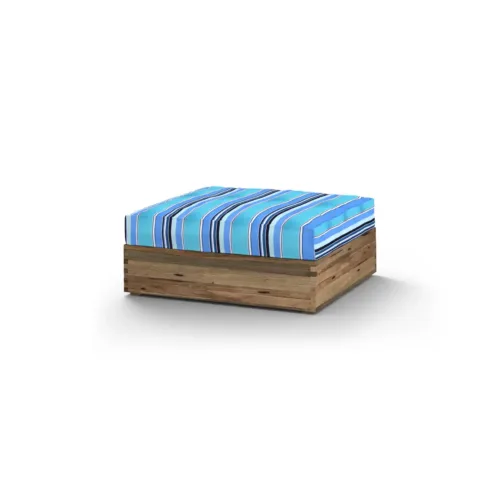 Aik03 F36 C58 Aiko Comfort Ottoman, Drift Look Teak Original Finish, Cushion Sunbrella Stripes Dolce Oasis