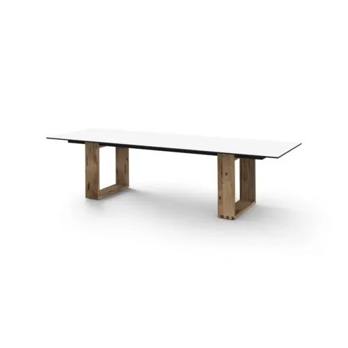 Aik50 F36 T38 Aiko Dining Table 300x98x76h Cm, Drift Look Teak Original Finish, Hpl Alpes White