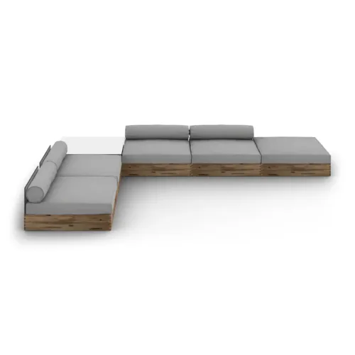 Aikco 7 F36 T38 C60 Aiko Configuration 7, Drift Look Teak Original Finish, Hpl Alpes White, Cushion Sunbrella Sailcloths Seagull Grey