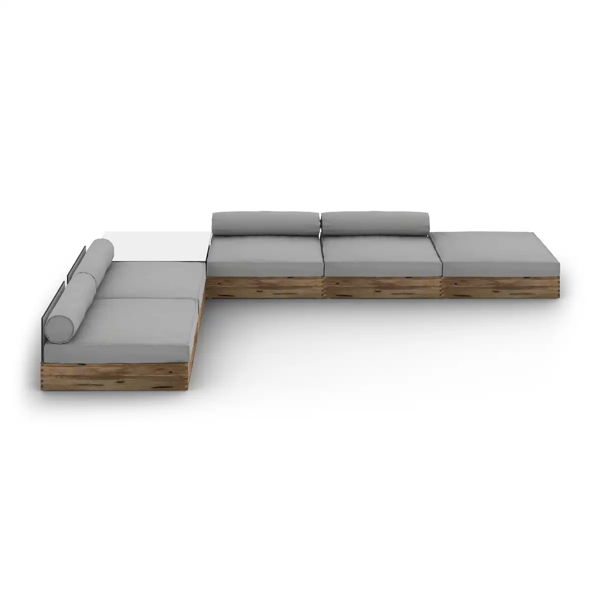 Aikco 7 F36 T38 C60 Aiko Configuration 7, Drift Look Teak Original Finish, Hpl Alpes White, Cushion Sunbrella Sailcloths Seagull Grey