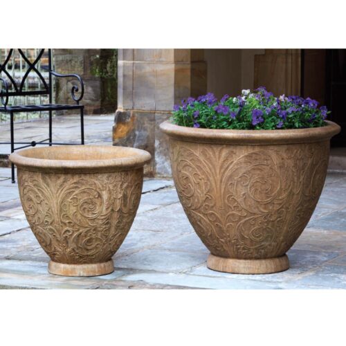 Medium And Large Arabesque Planters (cast Stone In Aged Limestone Finish) cast stone, garden, traditional, planter, urn