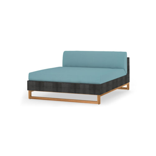 Mg2807 F24 S25 C52 Ekka Sectional Chaise, Premium Teak Smooth Sanded Teak Shield, Twitchell Royal Black, Cushion Sunbrella Canvas Mineral Blue