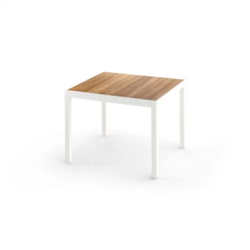 Mz193 F03a T24 Allux Dining Table 100x100x76h Cm (straight Slats), Aluminum White, Premium Teak Smooth Sanded Teak Shield
